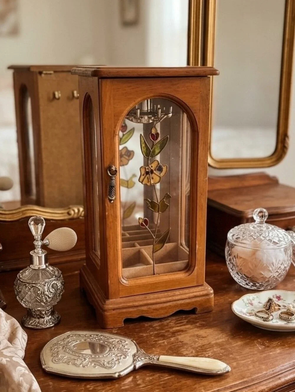 Vintage Wooden Jewelry Cabinet with Stained Glass Door 10.5x5.5 In